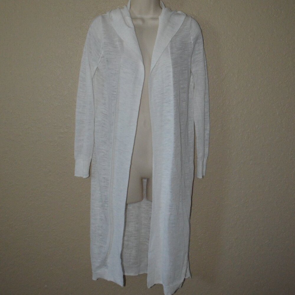 NWOT Sz XS White + Warren White Linen Gauze Hooded Long Open Cardigan Sw…
